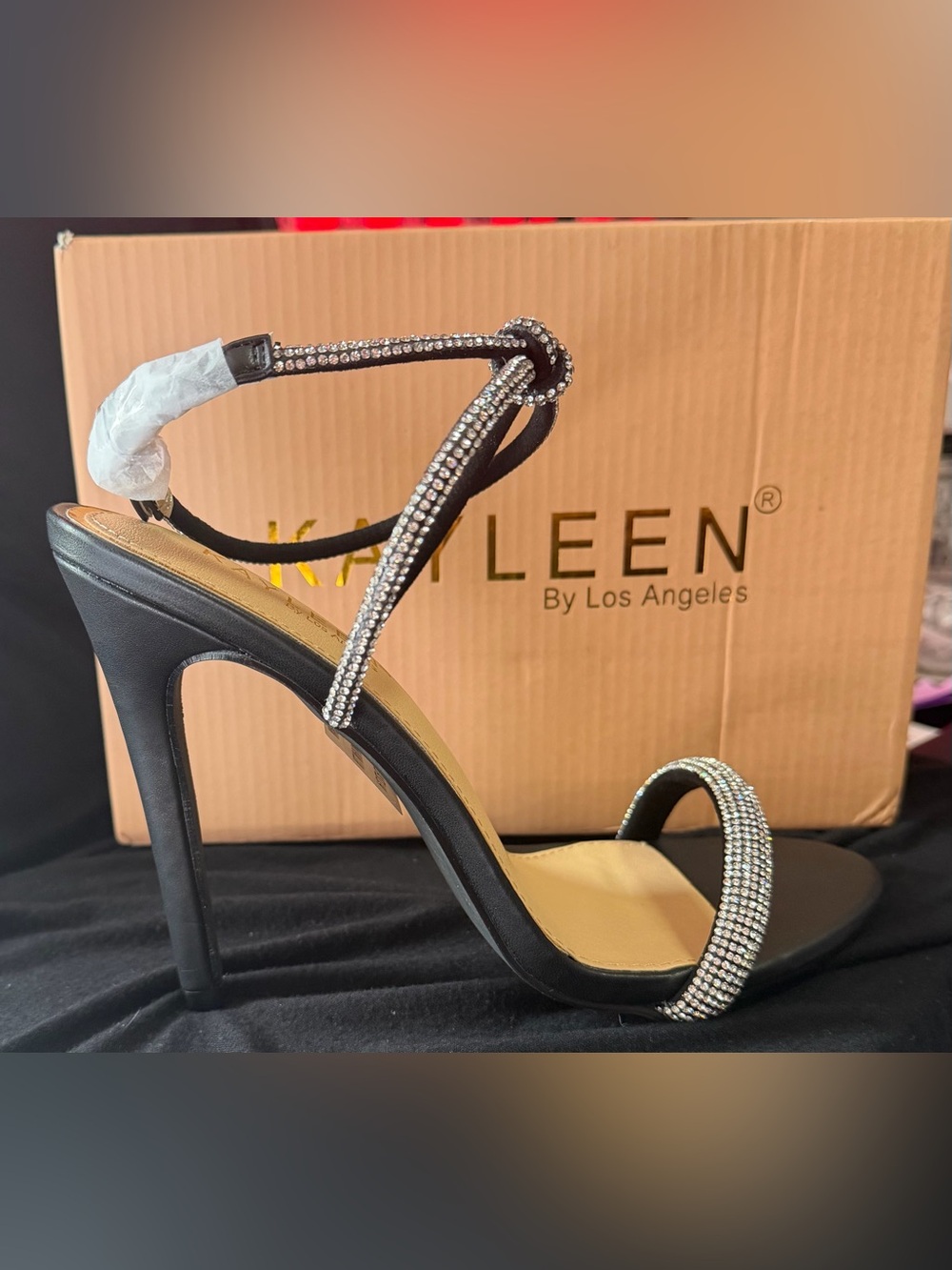 Black Crystal-Strap Stiletto Sandal